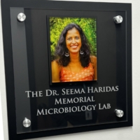 Plaque outside The Dr. Seema Haridas Memorial Microbiology Lab