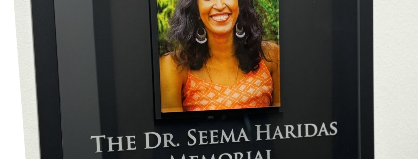 Plaque outside The Dr. Seema Haridas Memorial Microbiology Lab